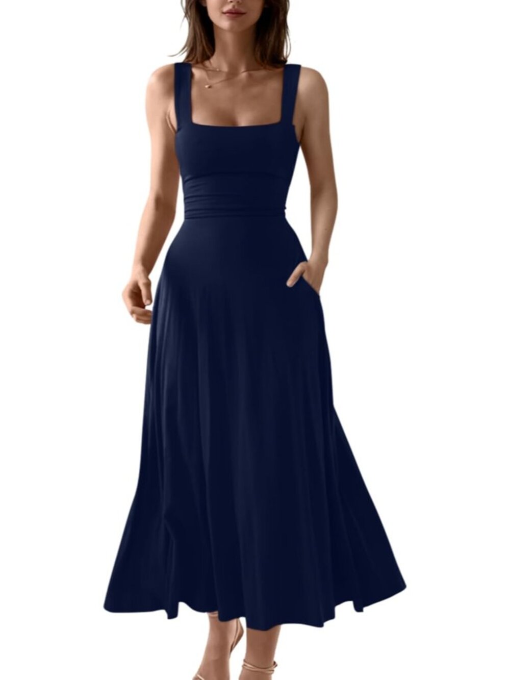 〽️Women's Navy Square Neck Side Pocket Sleeveless Wedding Guest PartyMaxi Dress